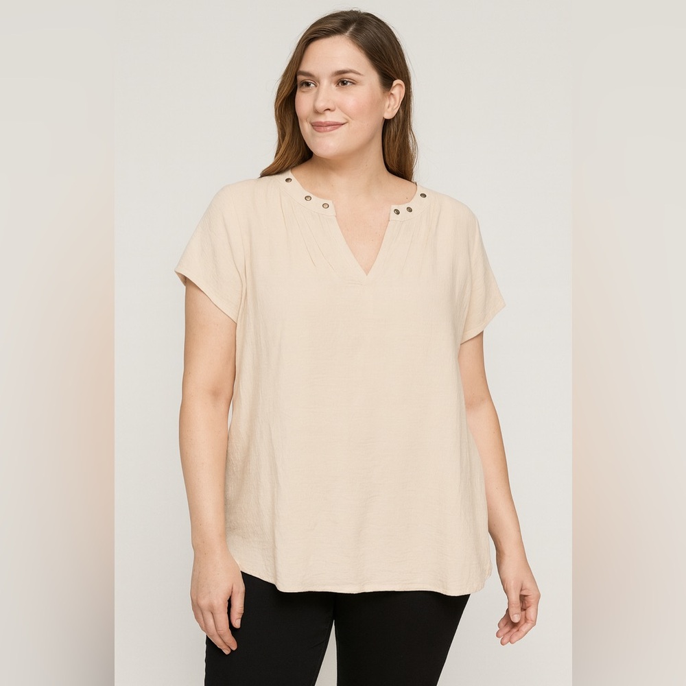 ✅3-for-$12✅ MINE Womens Beige Top‎ Eyelet V Neck Short Sleeve Blouse Size L